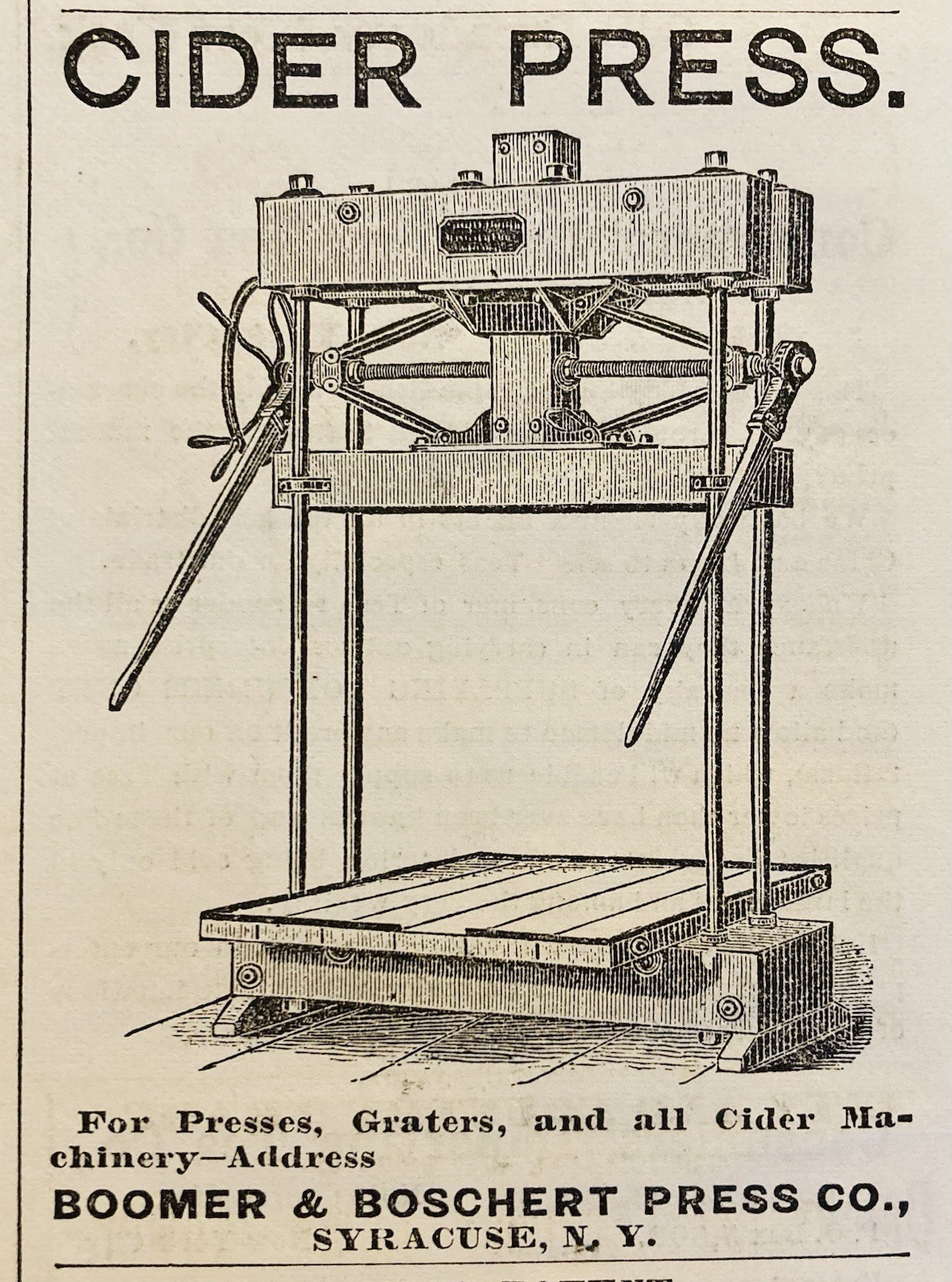 1876 AD.(XH87)~BOOMER & BOSCHERT PRESS CO. SYRACUSE, NY. CIDER PRESS