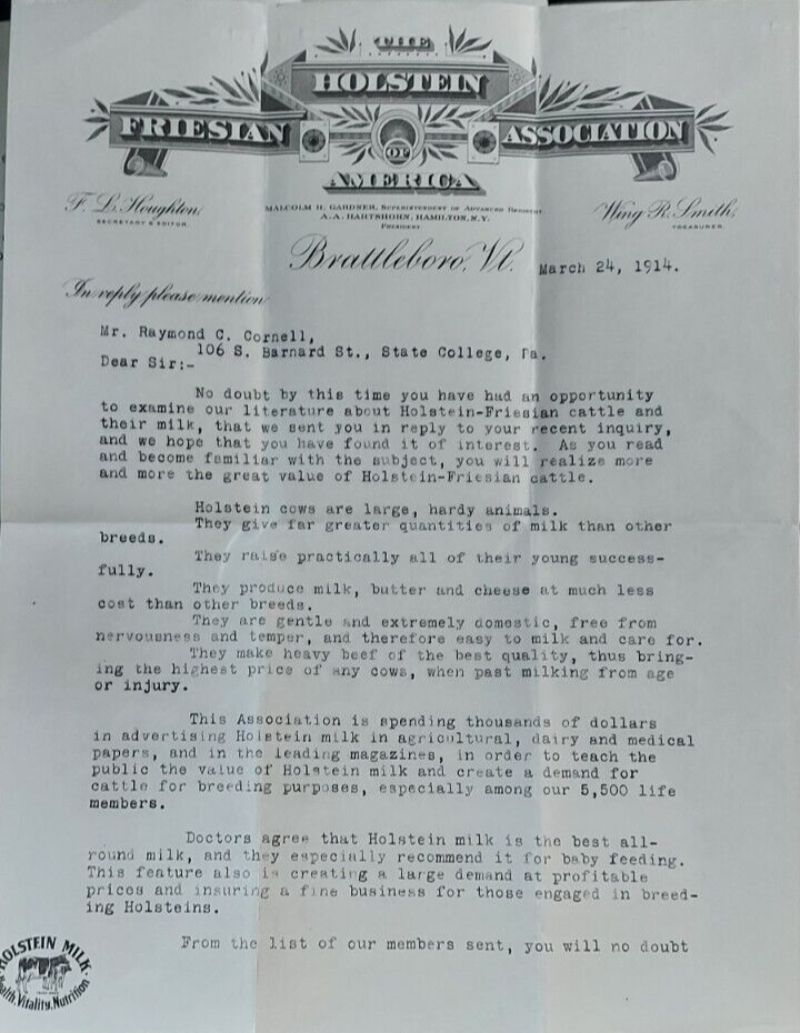 1914 Letterhead Holstein Friesan Asso America Brattleboro VT Houghton Dairy Cows