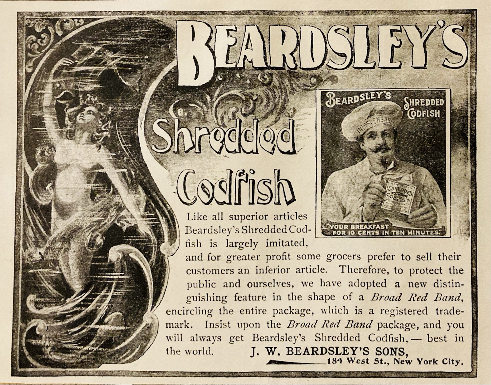 1896 AD.(PC10)~J.W. BEARDSLEY’S SON CO. NYC. BEARDSLEY’S SHREDDED CODFISH