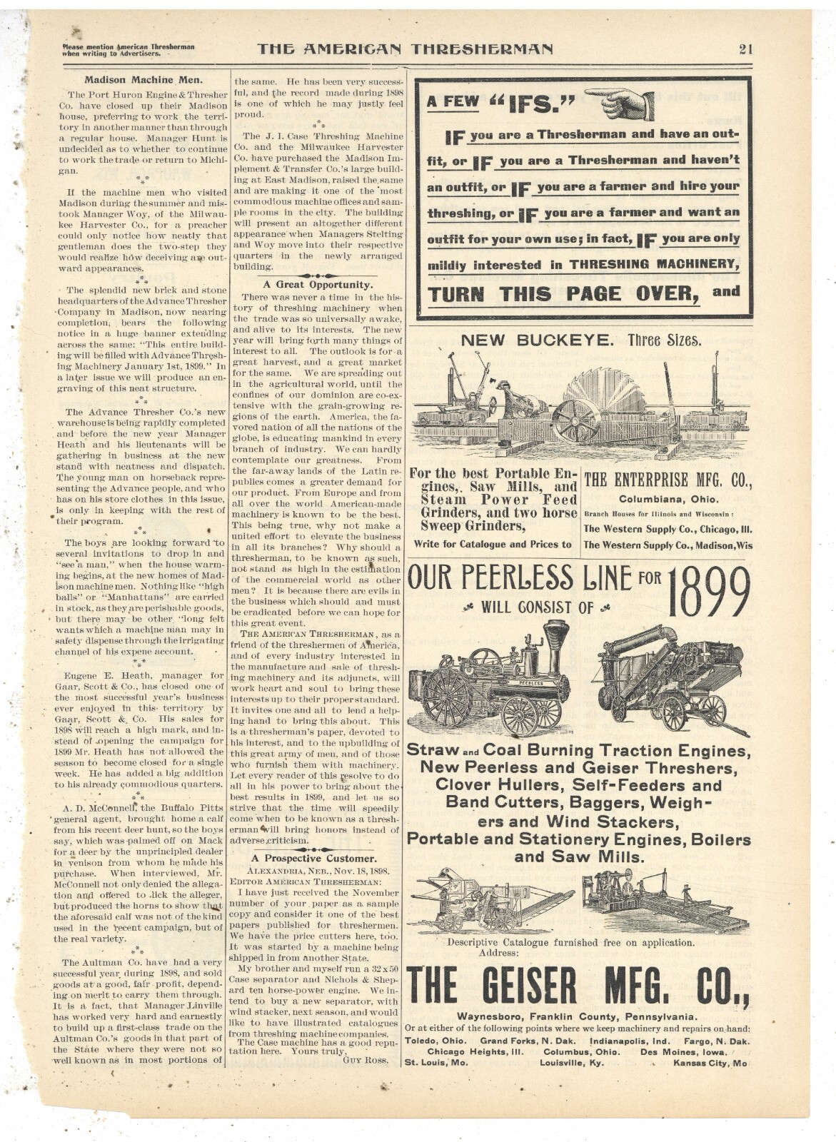 1899 2 Ads F&B of Page: Geiser Peerless Traction Engine, Thresher. + Birdsall
