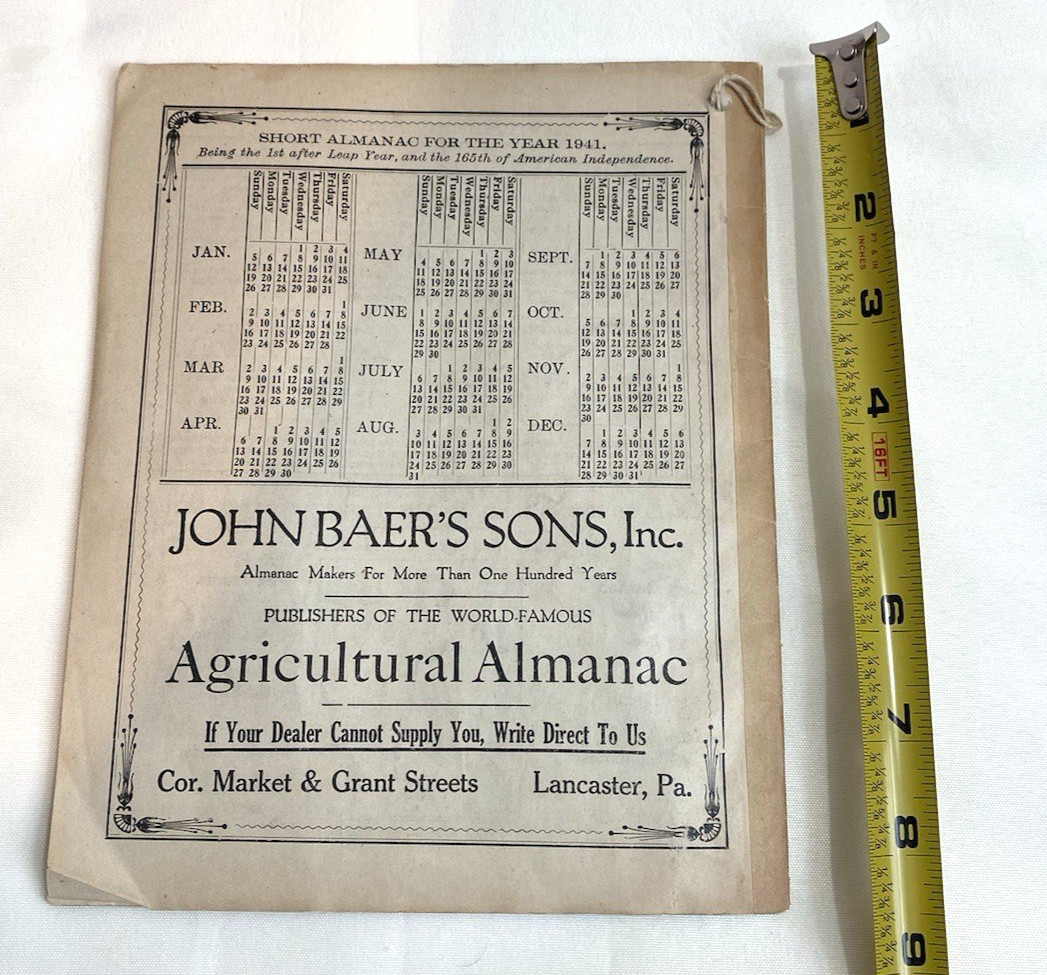 Vintage 1941 John Baers Sons AGRICULTURAL ALMANAC Lancaster PA FARMERS