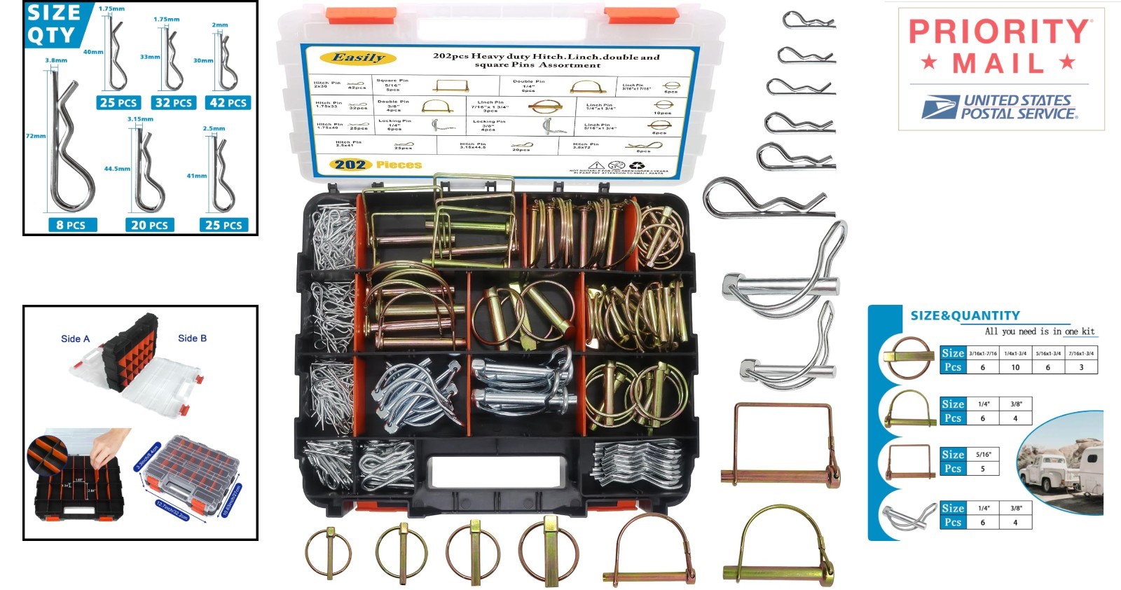 Zinc Plated Steel Hitch Pin Clip Kit 202 Pieces for Trailers Tractors Mowers