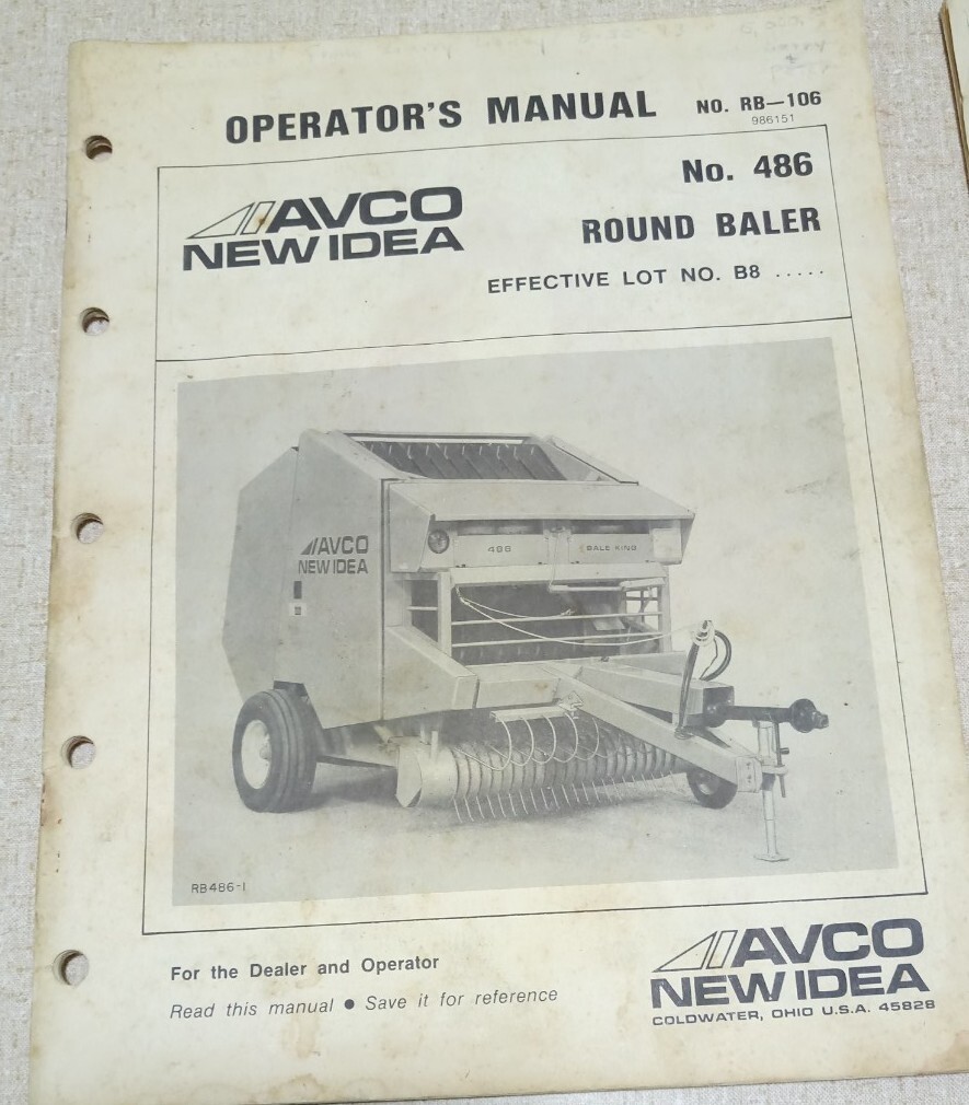 New Idea AVCO 486 RB-106 Round Baler Operator Manual & B-102 Parts List Ohio