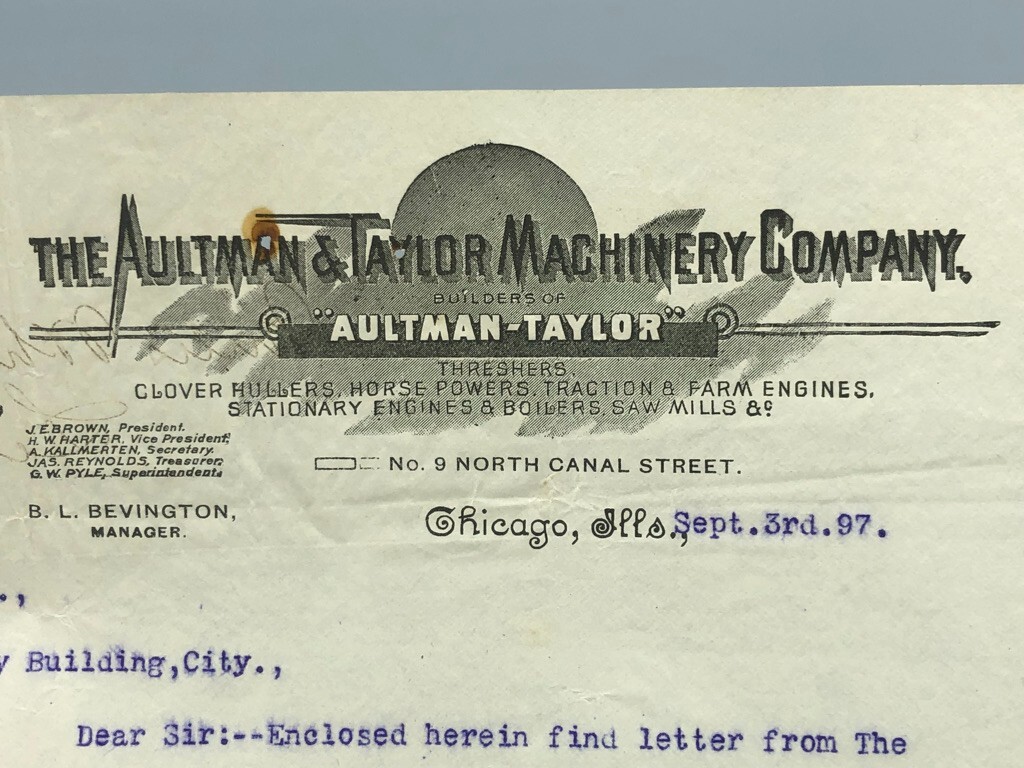 1897 AULTMAN TAYLOR Farm Tractor THRESHING Letterhead Antique Advertising
