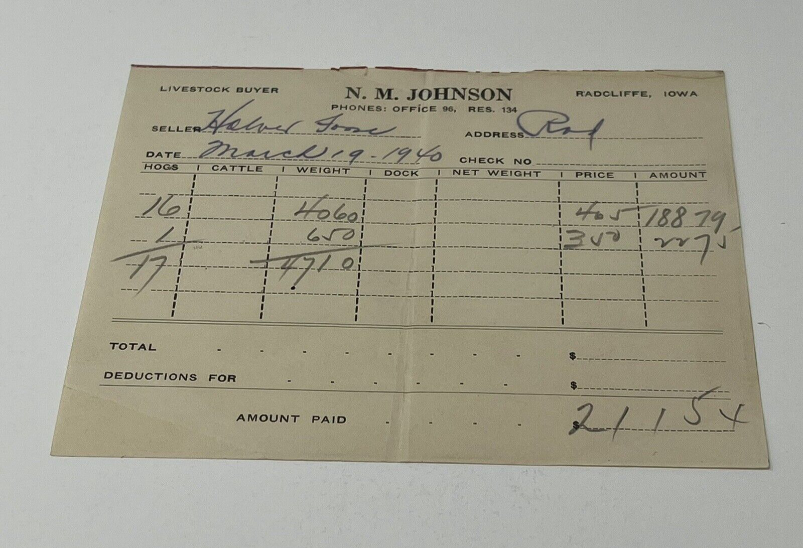 1940 N.M. Johnson Radcliff Iowa Livestock Buyer Receipt For 17 Hogs Farming