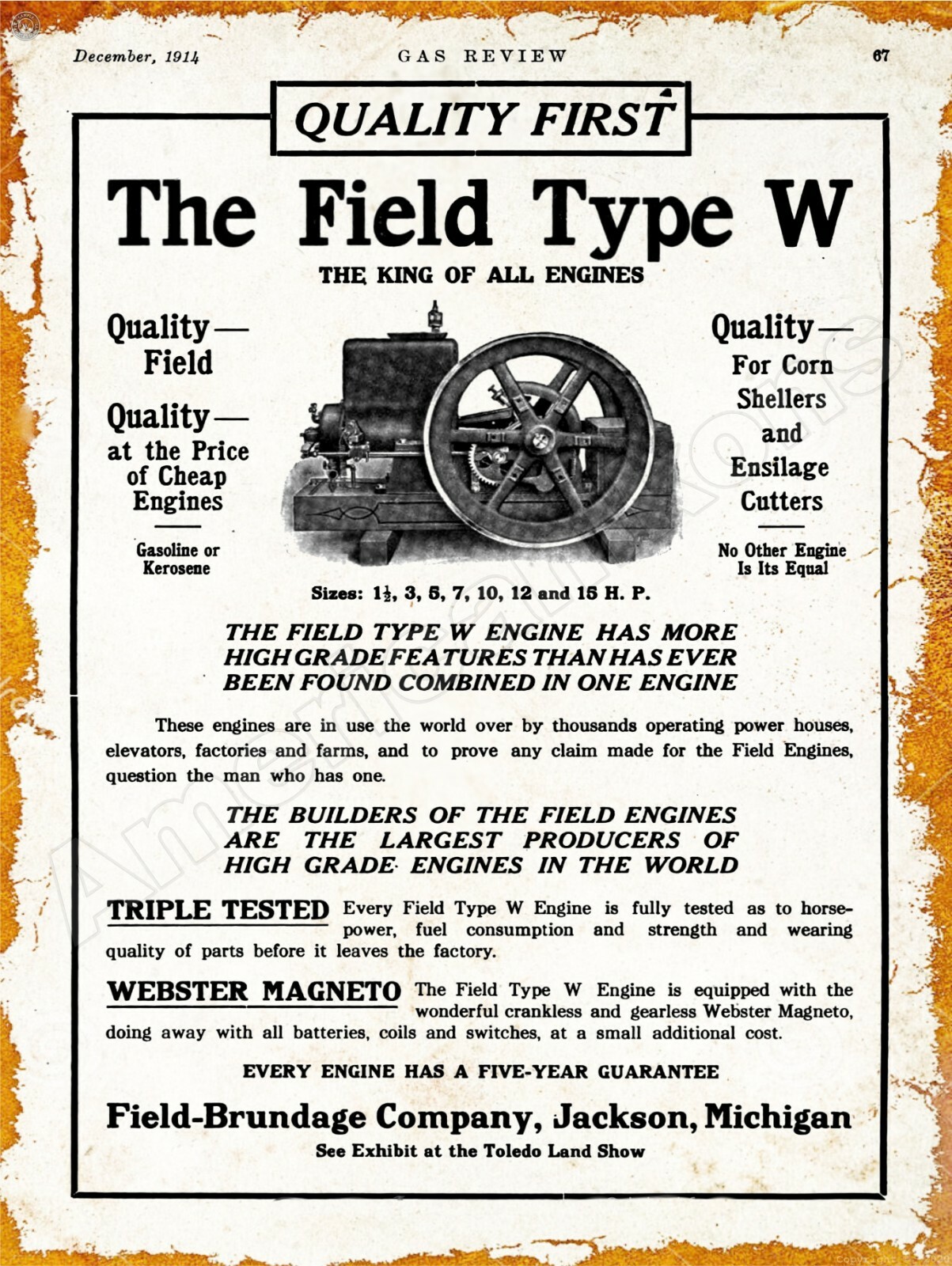 1913 Field-Brundage Type W Gas Engine New Metal Sign: Large Size – 12 x 16