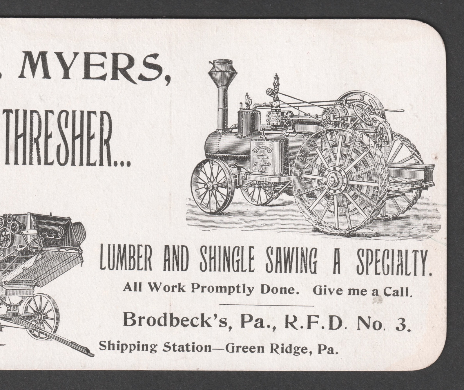 Antique Frick Tractor Steam Traction Engine Myers Grain Thresher Farm Trade Card