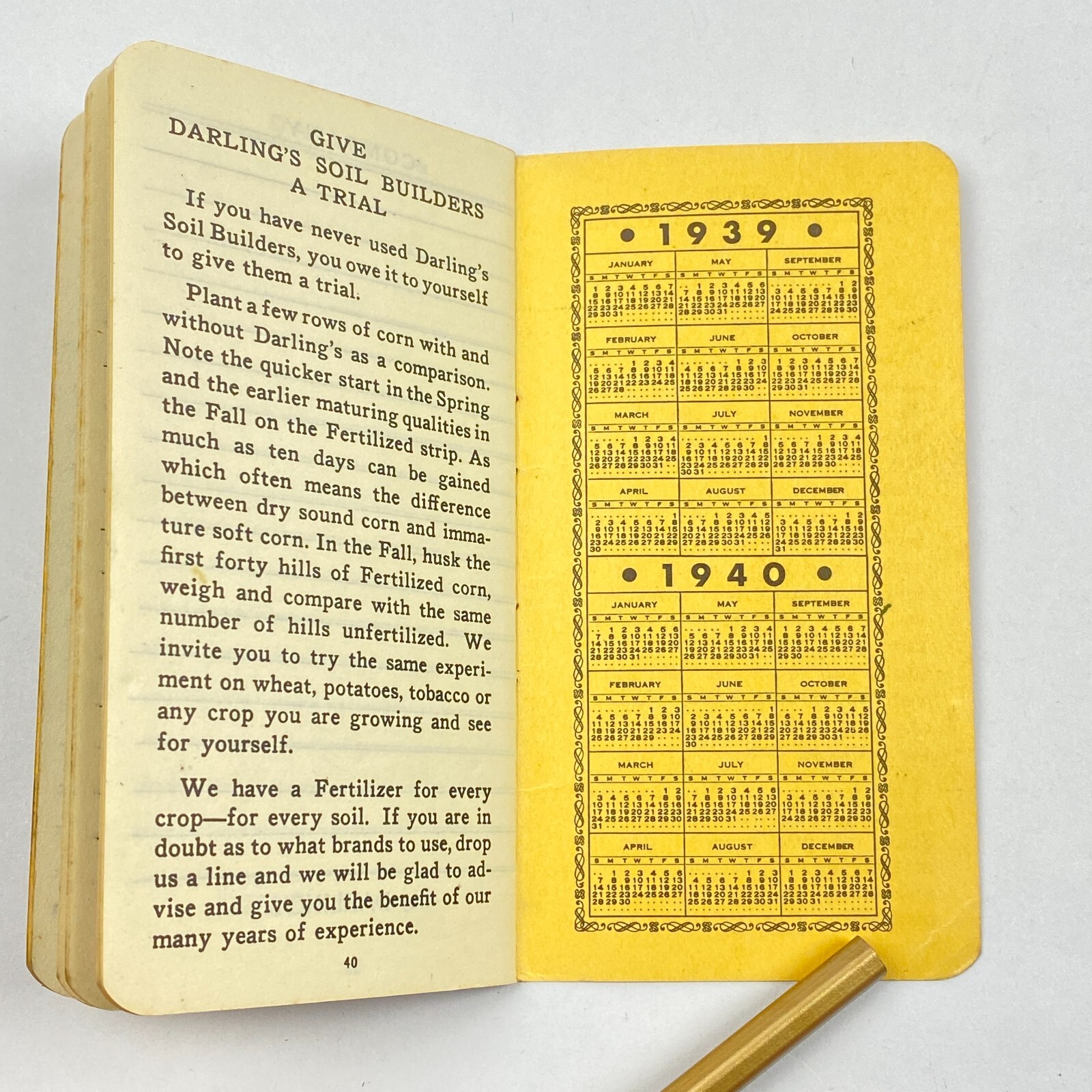 1939 Darling&rsquo;s Soil Builders Note Pad Pocket Calendar Memo Fertilizer US Vintage