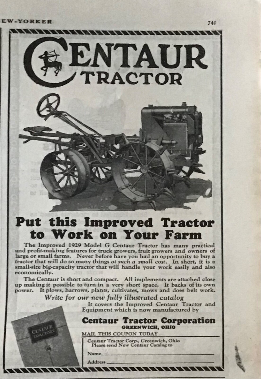 1929 newspaper ad for Centaur Model G Tractor- Put improved tractor to work