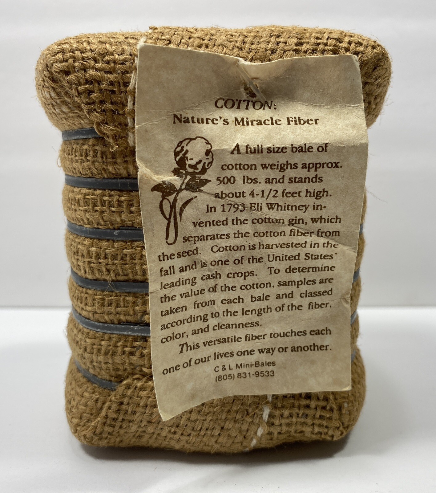 Vintage Cotton Bale Advertising Souvenir Mini Miniature Tag C & L Mini Bales