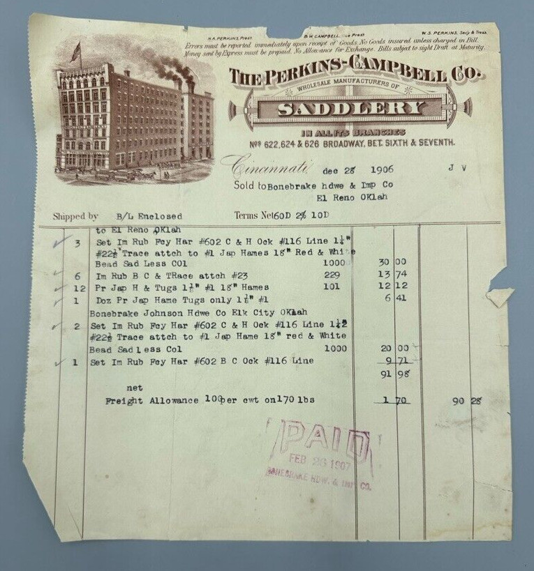 1906 Perkins Campbell SADDLERY Horse Saddle Billhead CINCINNATI Advertising