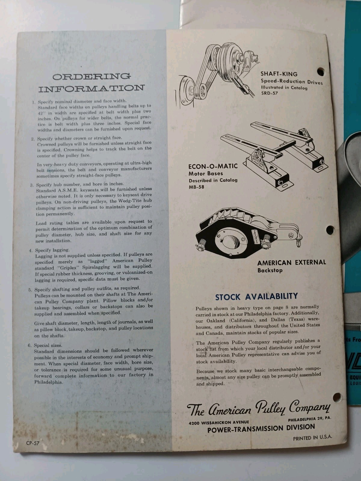 3 Vintage TE-CO American PULLEY Sales Brochure Catalog Lot SrD-58, CP-57, 2716