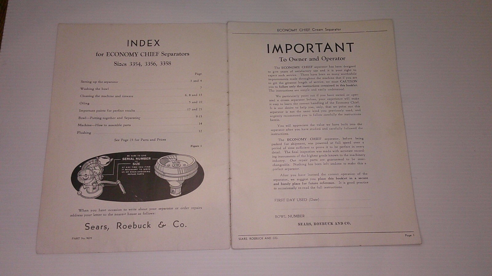 Instruction Manual for Sears Roebuck Co. cream separator part list & repair 8D