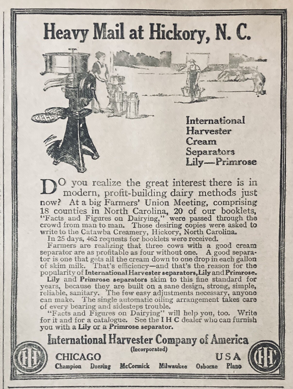 1916 AD.(XH41)~INTERNATIONAL HARVESTER CO. “LILY” & “PRIMROSE” CREAM SEPARATORS