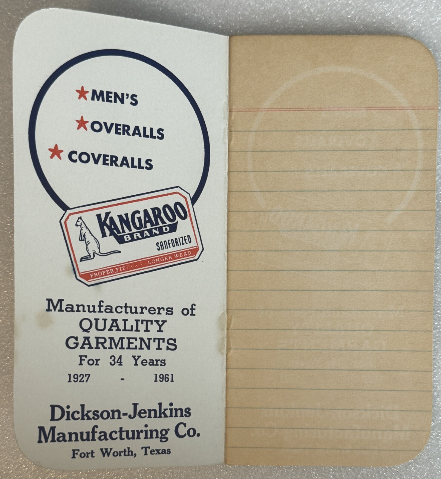 Fort Worth TX Dickson-Jenkins Manufacturing Co Kangaroo Brand Vintage Memo Pad