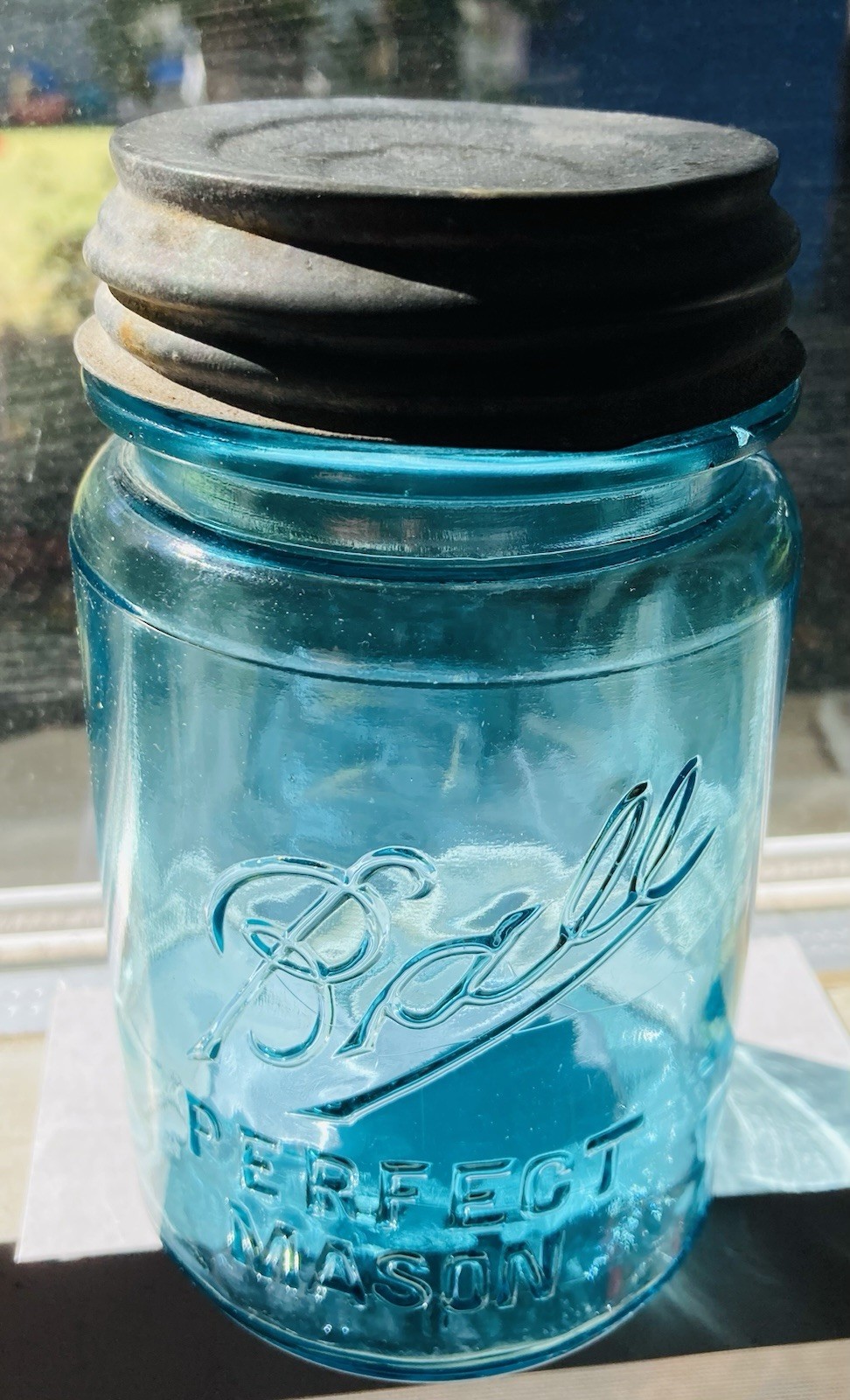 BLUE PINT C.1910-23 BALL “PERFECT MASON” JAR #9~5.25”H IN VG CONDITION