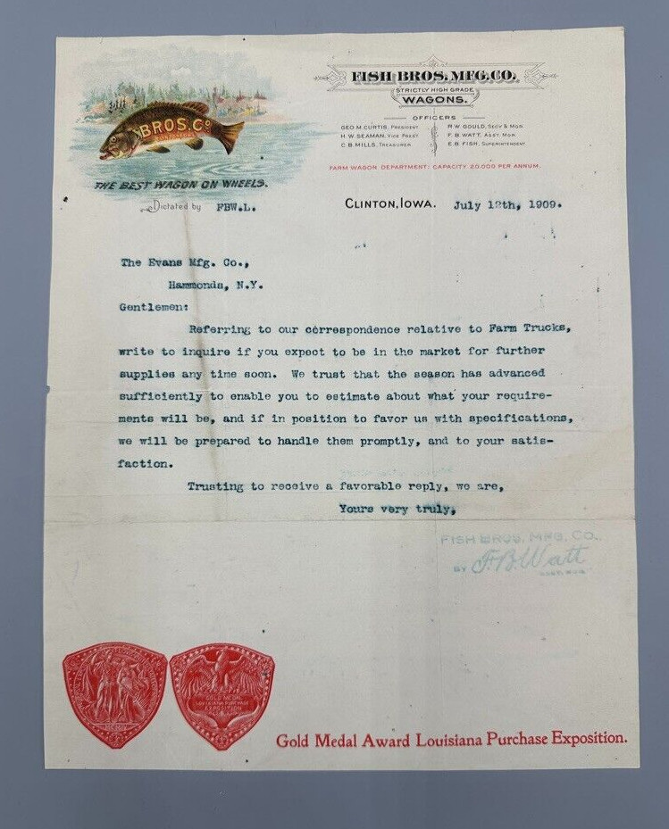 1909 FISH BROS WAGON Farm Advertise CLINTON IOWA Letter LOUISIANA PURCHASE EXPO