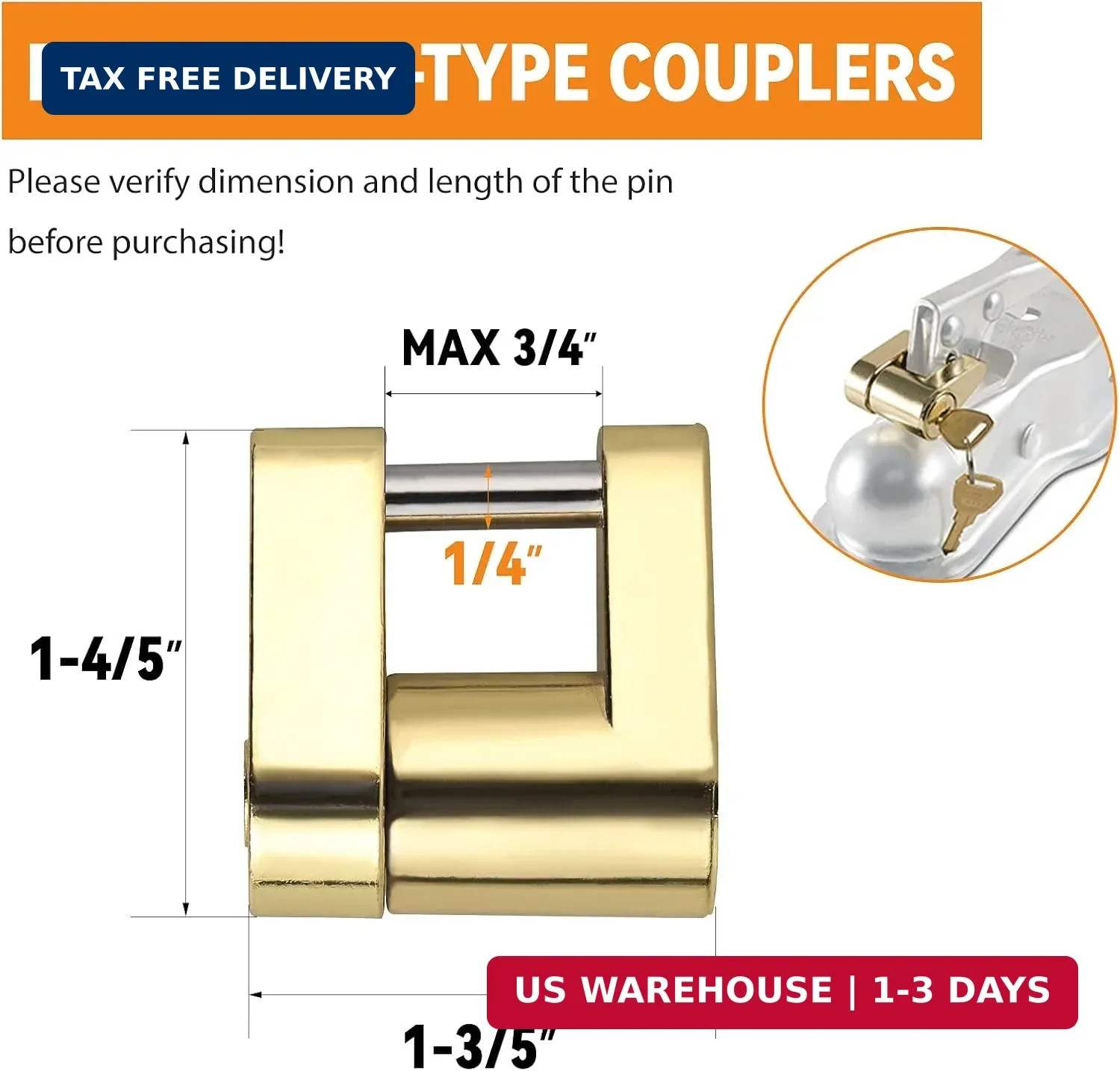 CZC AUTO Trailer Lock Dia 1/4 Inch, Coupler Lock 3/4 Inch Span Trailer Hitch Loc