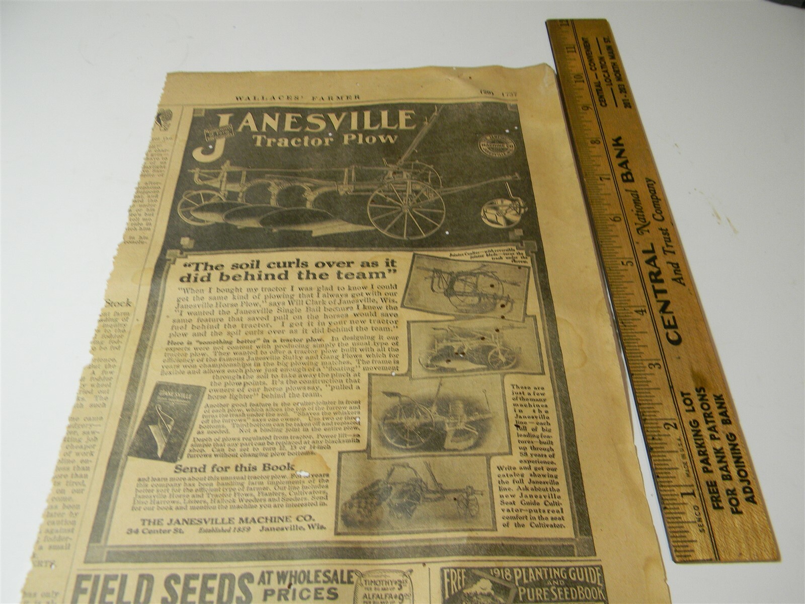 Vintage 1917 Janseville Machine Co. Tractor Plow Man Cave 1910&rsquo;s Print Ad 5A11