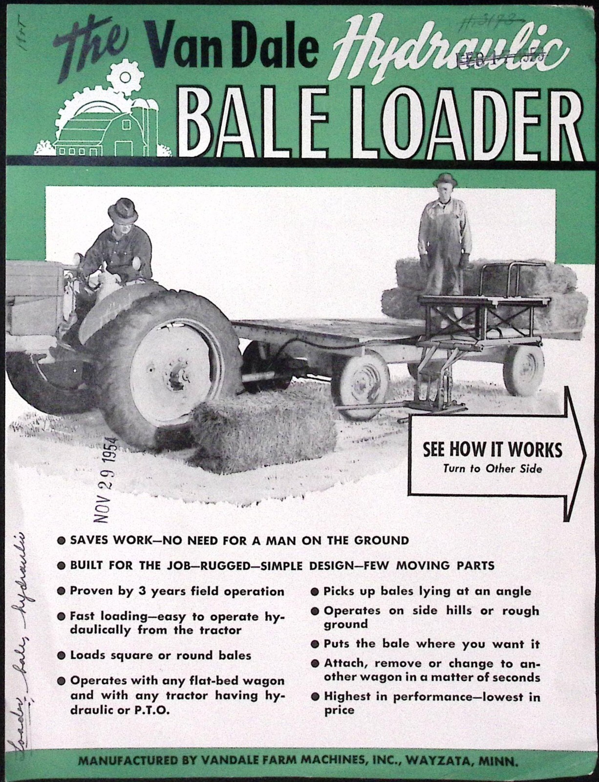 1954 Van Dale Hydraulic Bale Loader Brochure Vandale Farm Machines Wayzata MI