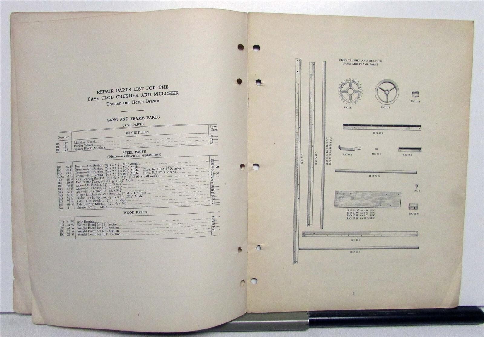 1936 Case Clod Crusher & Mulcher Specs Farming Construction Repair Parts List