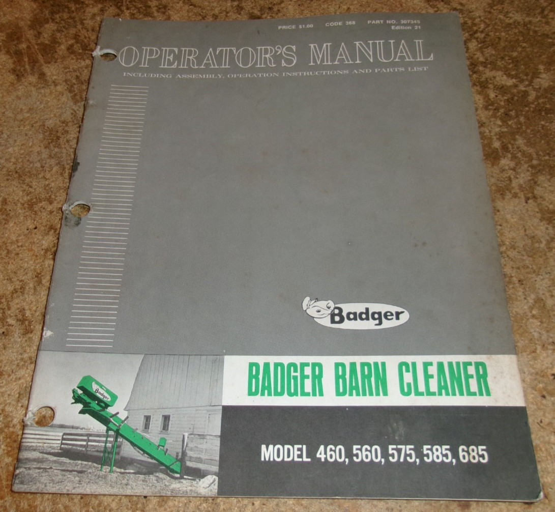 vintage badger assorted model barn cleaner operators manual good used