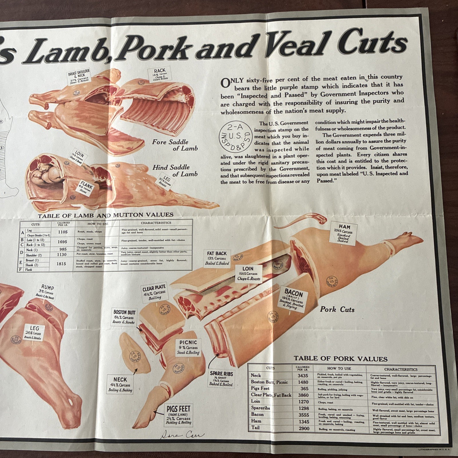 Armour’s Lamb Pork And Veal Cuts Poster 32 1/4 X 21 1/4 Late 40S To Early 50s￼