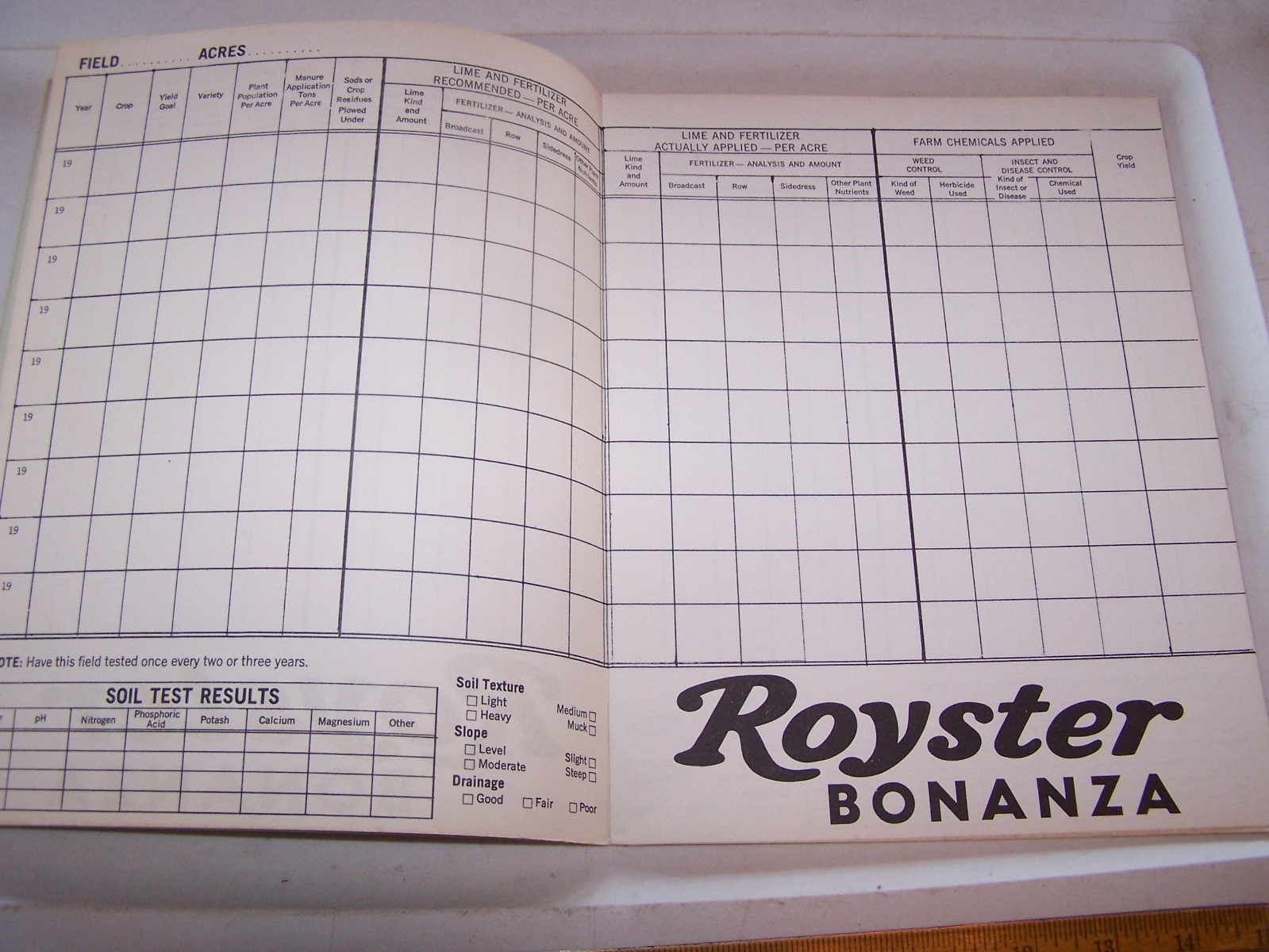 Vintage ROYSTER FERTILIZERS Farm Field Record Book