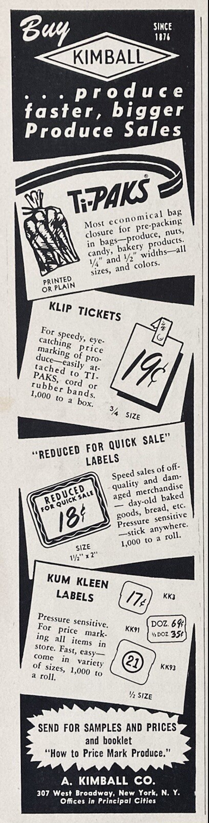 1954 AD.(XG21)~A. KIMBALL CO. NYC. KIMBALL GROCERY STORE PRICE TAGS AND LABELS