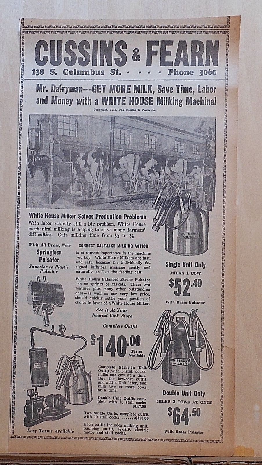 1945 newspaper ad for White House Milking Machines – Solves Production problems