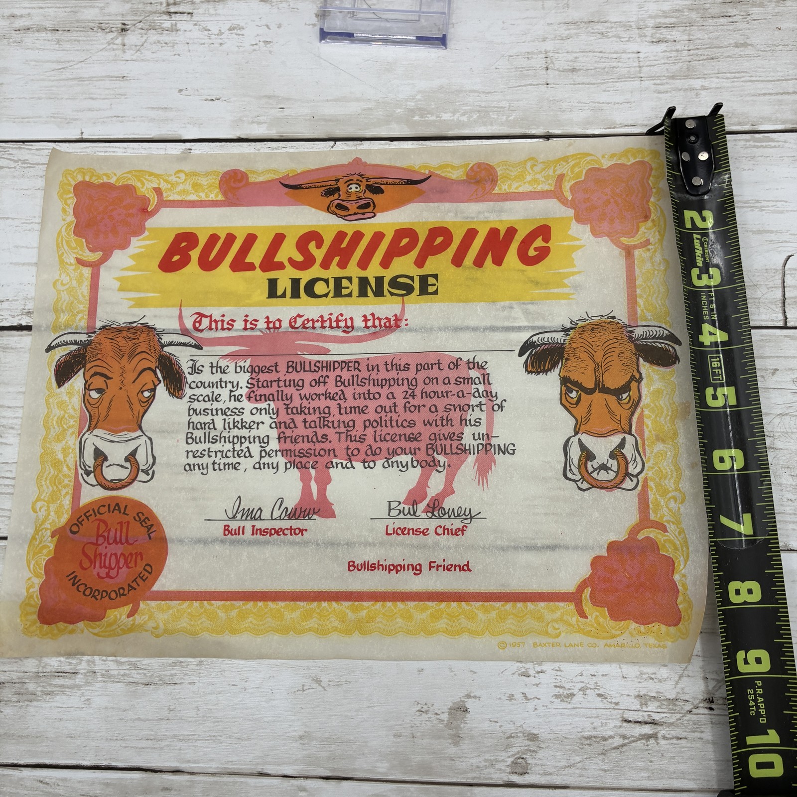 Vintage 1957 Bullshipping License Novelty Gag Gift Baxter Lane Co. Amarillo TX