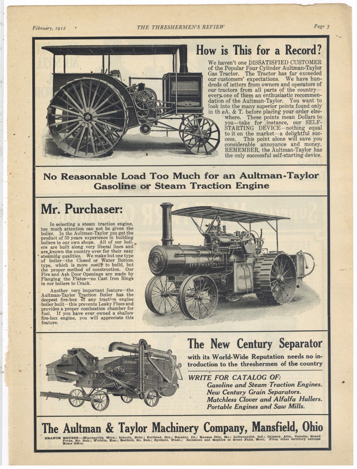 1912 Aultman & Taylor Machinery Ad: Gas & Steam Tractor, New Century Separator
