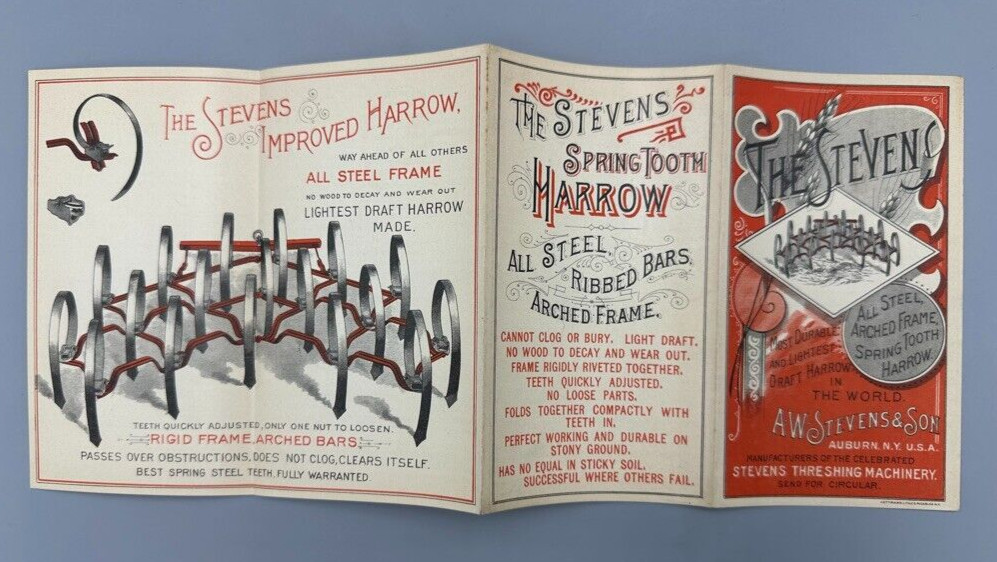 1880s STEVENS HARROW Farm Victorian Folding Advertising Trade Card AUBURN NY