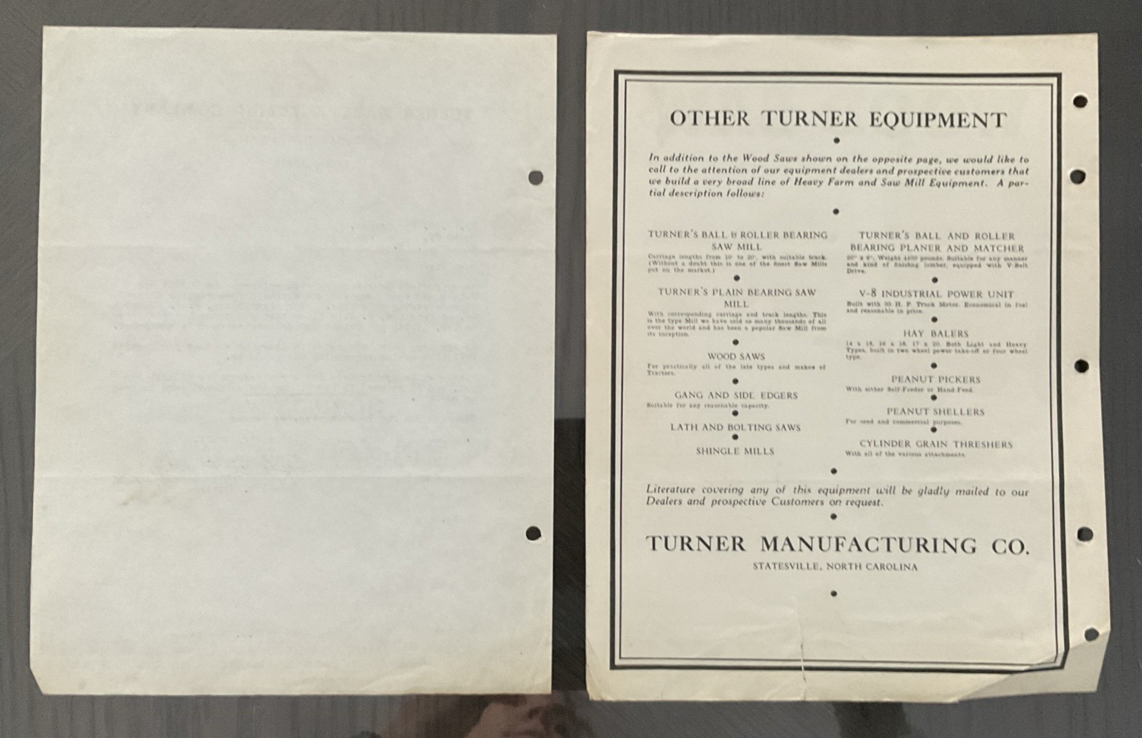 1947 Turner Manufacturing Company Customer Ltr & Wood saw Brochure Advertisement