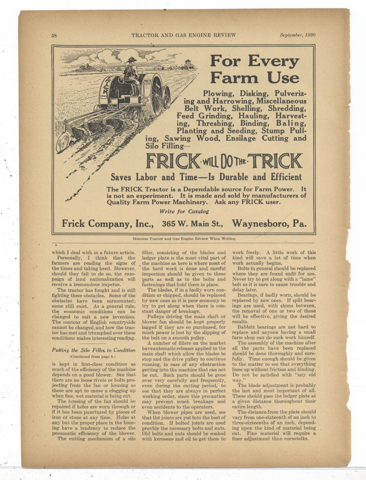 1920 Frick Tractors of Waynesboro, Pennsylvania Ad: FRICK WILL DO THE TRICK
