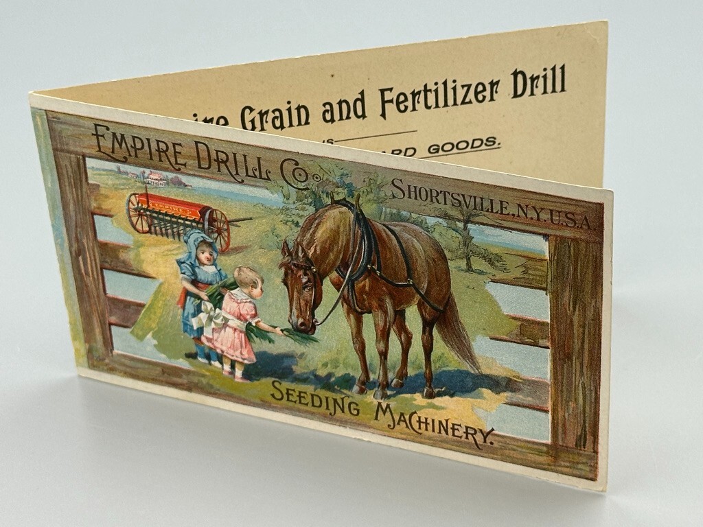1880s EMPIRE DRILL Victorian FARM HORSE Advertising Trade Card SHORTSVILLE NY