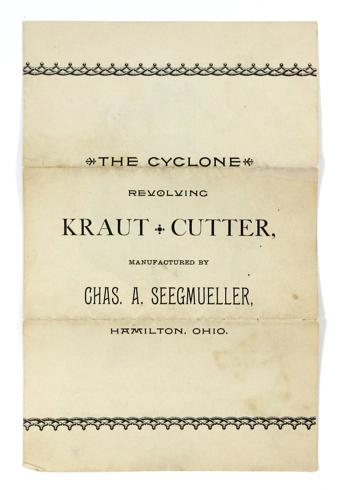 Cyclone Sauerkraut Cutter Brochure Farm Steam Engine Accessory Hamilton OH 1889