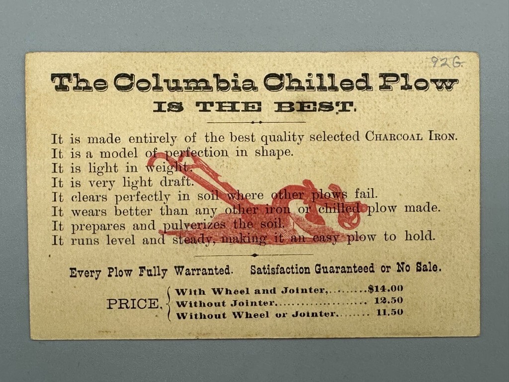 1880s Pair COLUMBIA CHILLED PLOW Horse Chickens FARM Advertising Trade Card