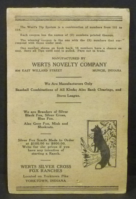 Nice 1930&rsquo;s « Werts Ten » Baseball Gaming Pull Tabs Booklet 120 Tabs Complete