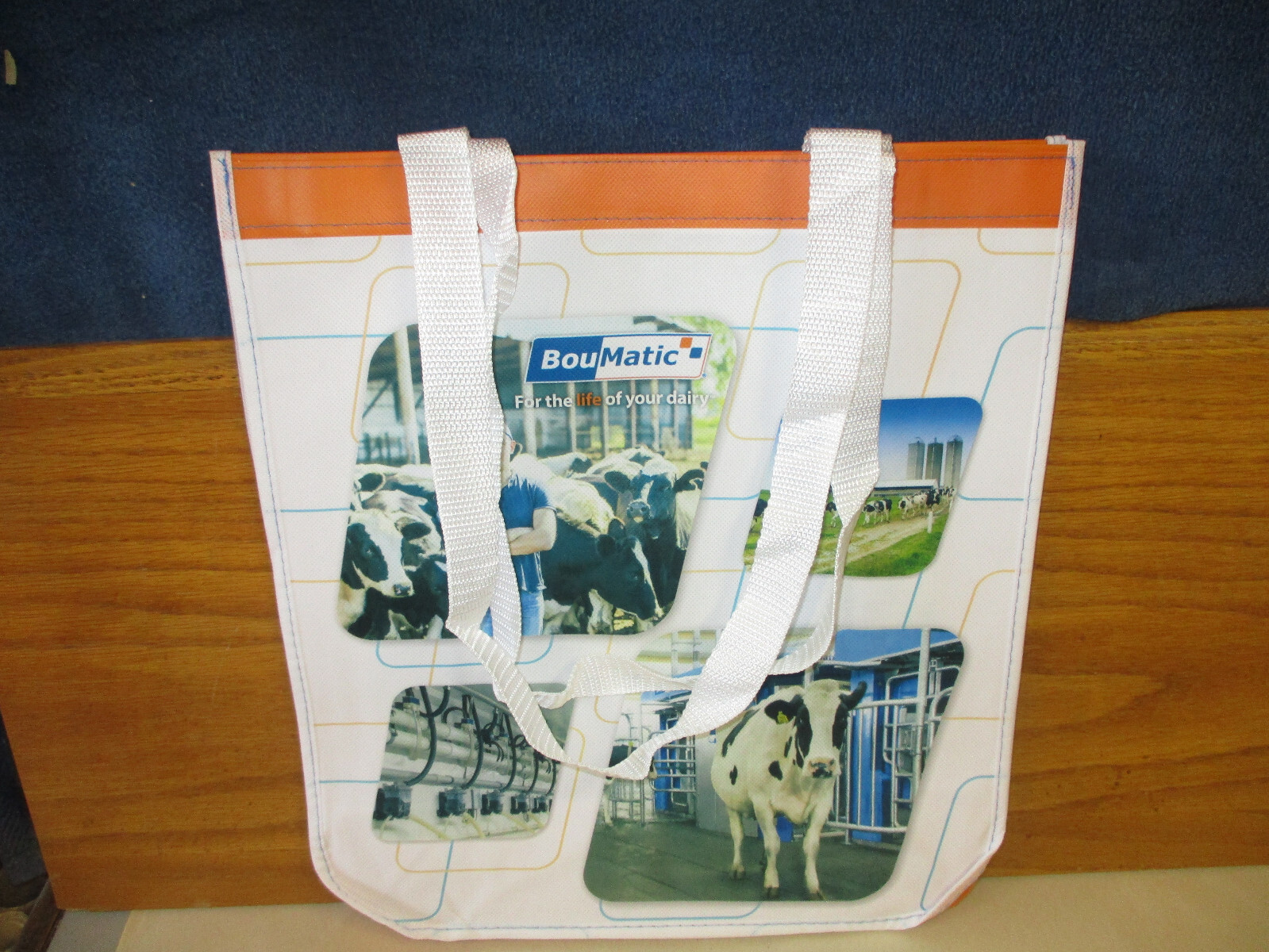 2 BOUMATIC DAIRY Shopping Bag Lot 13.5&Prime;x13.75&Prime; (Orange/Blue) XCALIBUR 360EX 2.0