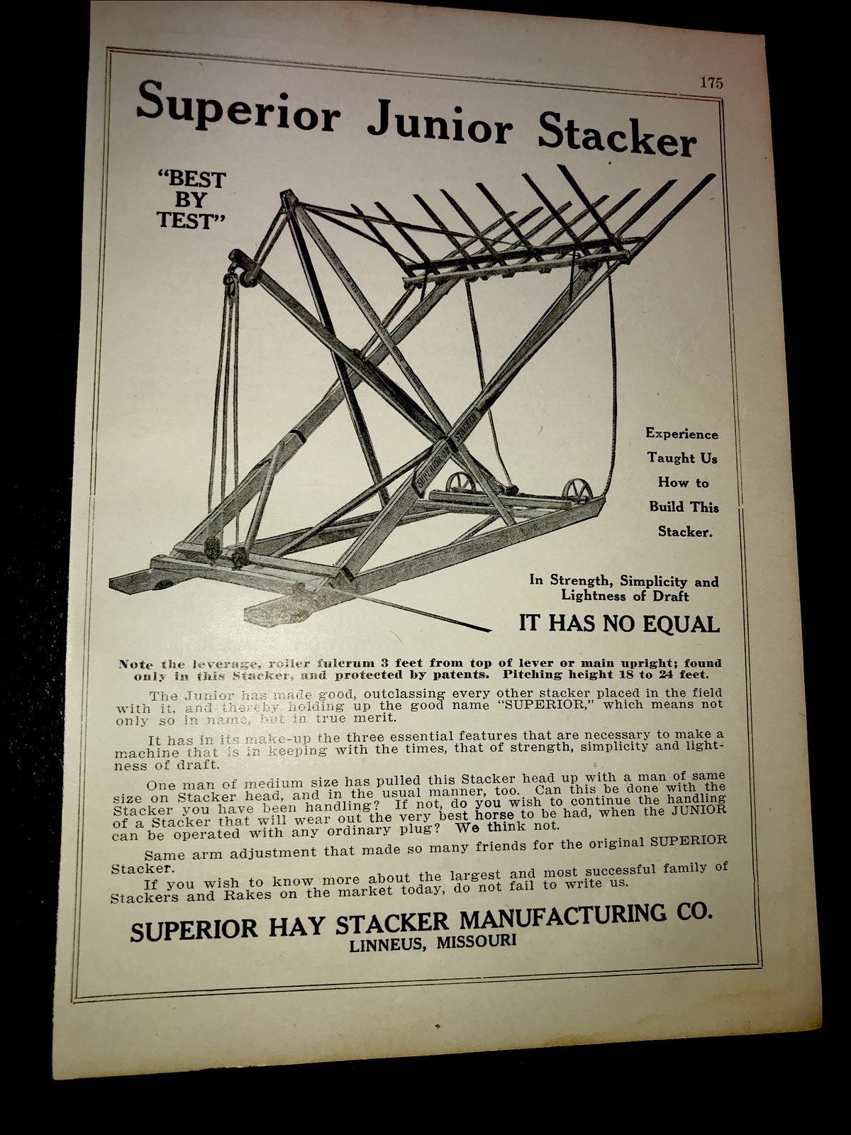 1916 Superior Hay Stacker Farm Advertising – Linneus – Missouri