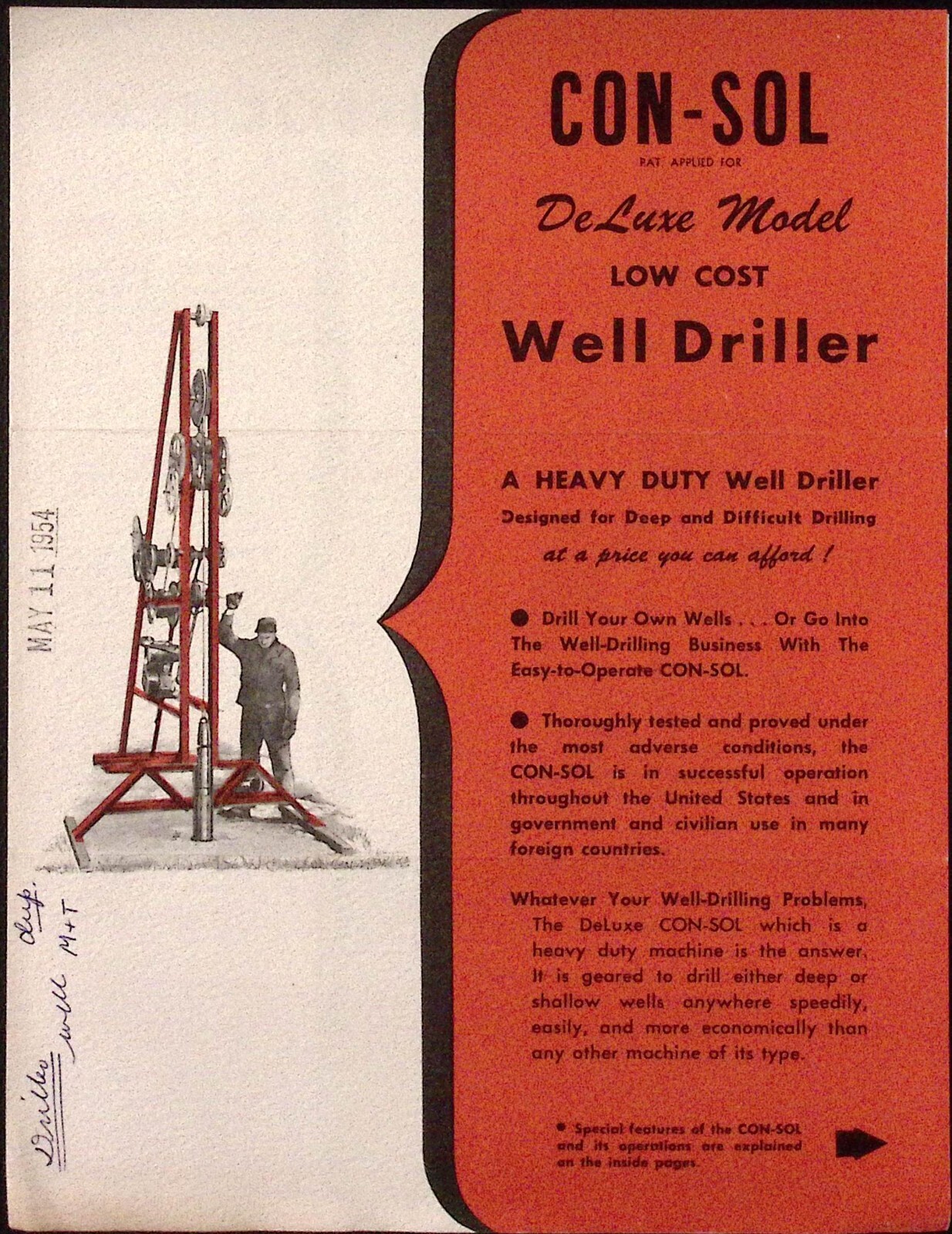 1954 Con-Sol Se Luxe Model Low Cost Well Driller Warner Danby Co New York City