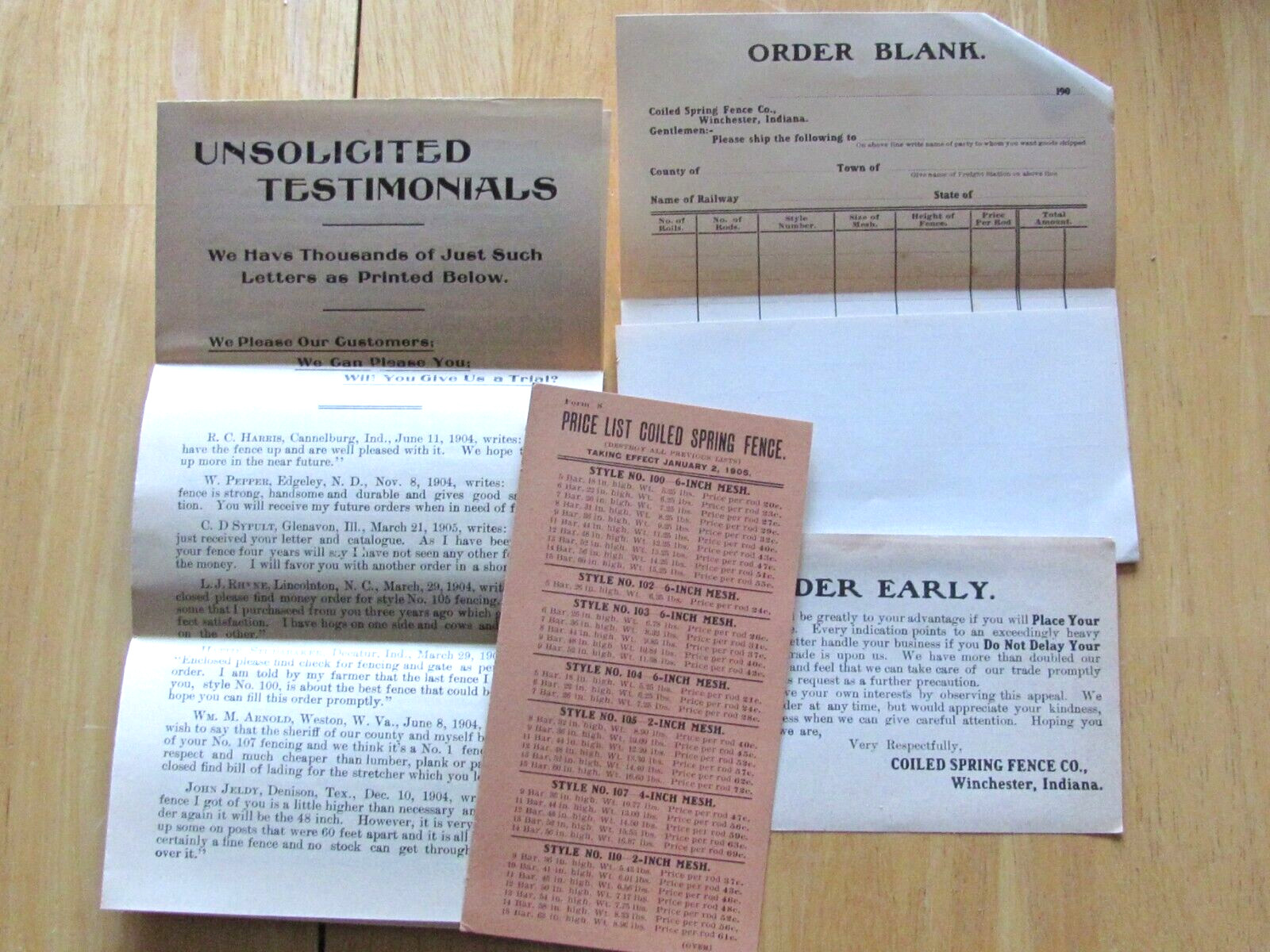 1905 PRICE LIST PAMPHLET ORDER PAPER SET COILED SPRING FENCE WINCHESTER INDIANA