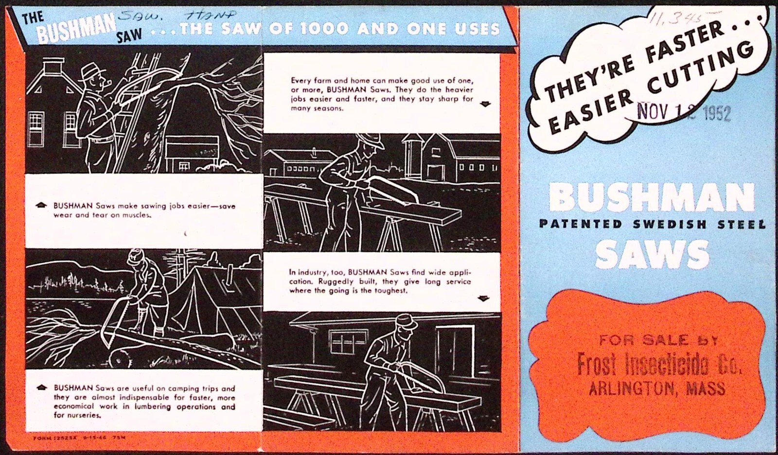 1952 Bushman Patented Swedish Steel Saws Dealer Brochure Frost Insecticide Co