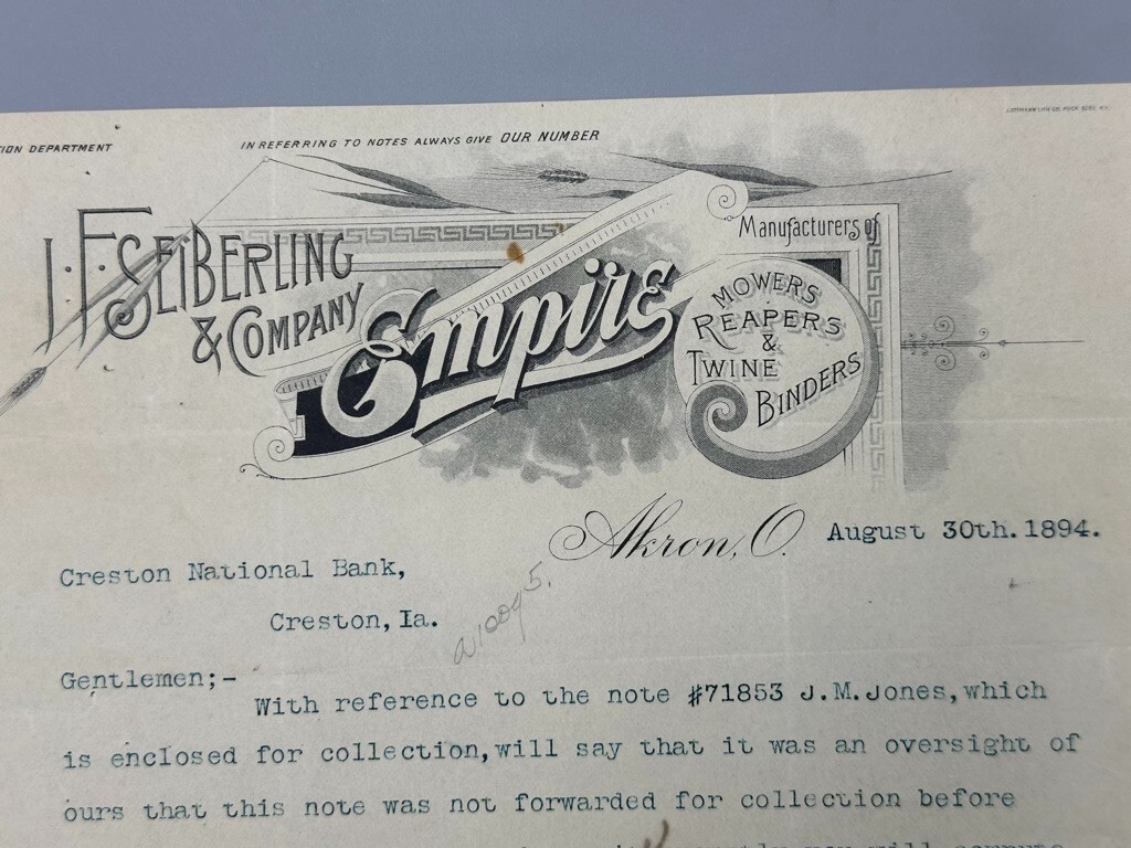1894 Seiberling Co EMPIRE MOWERS Letter FARM Advertising AKRON Ohio
