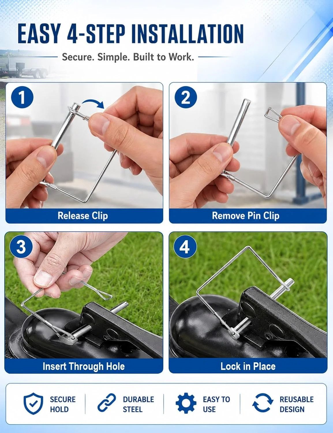5 Pack Square Trailer Pin 1/4 inch x 2-3/4 inch, Heavy Duty Shaft Locking Pin, C