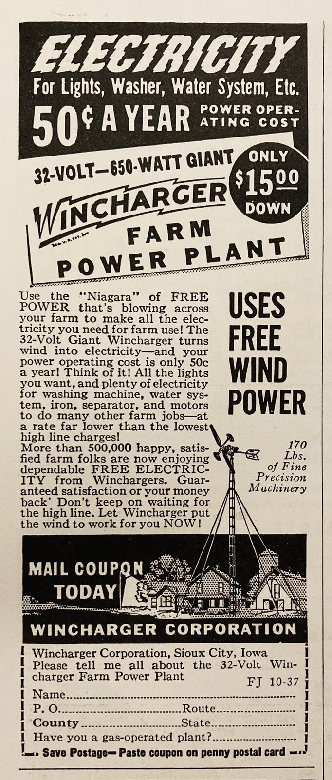 1937 AD.(XH81)~WINCHARGER CO. SIOUX CITY, IOWA. WINCHARGER FARM POWER PLANT
