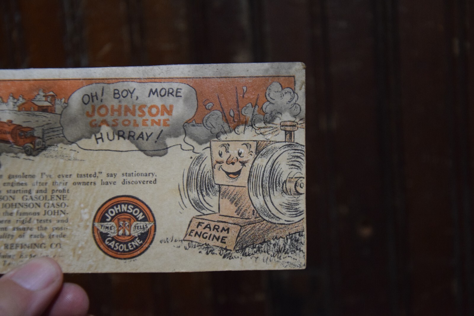 JOHNSON TIME TELLS GASOLINE FARM ENGINE TRACTOR GRAIN MILL DISPLAY SIGN FARMING