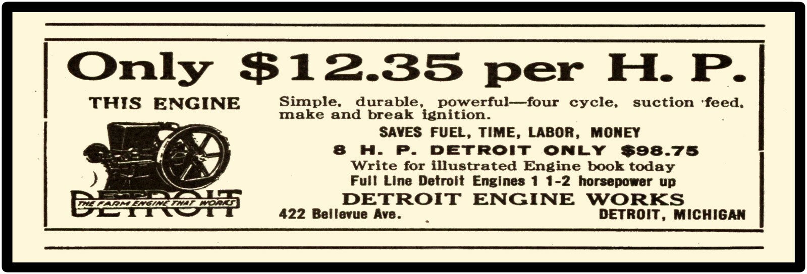 Detroit Engine Works Gas Engine Sign, 12&Prime; x 36&Prime; USA STEEL XL Size – 4 lbs
