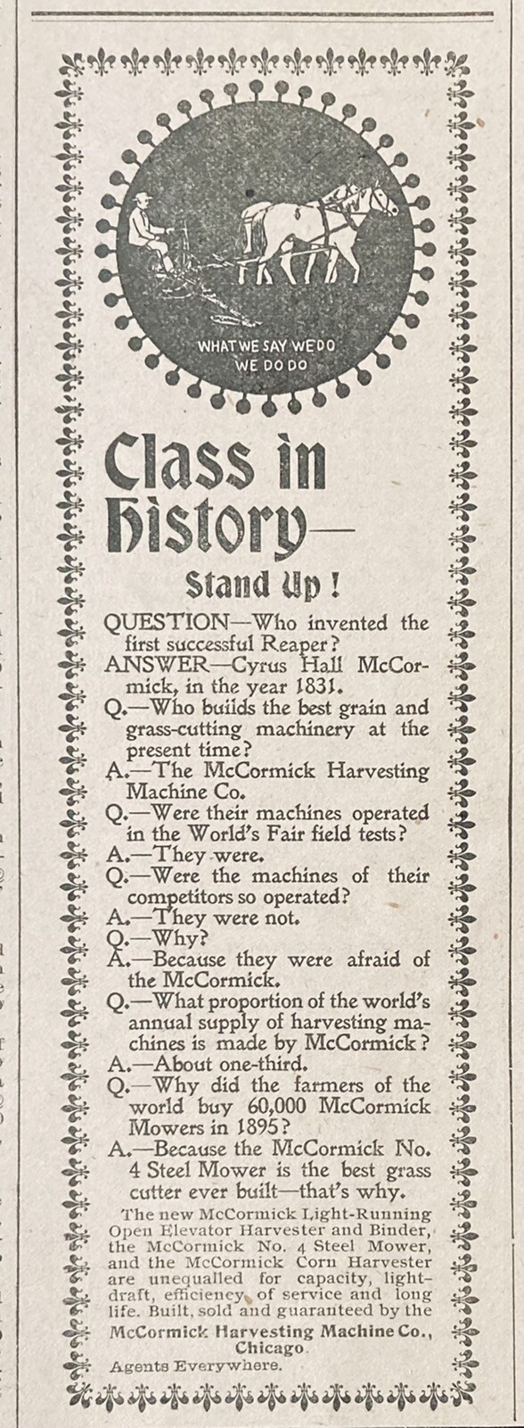 1896 AD.(XH44)~MCCORMICK HARVESTING MACHINE CO. CHICAGO. MCCORMICK NO.4 MOWER